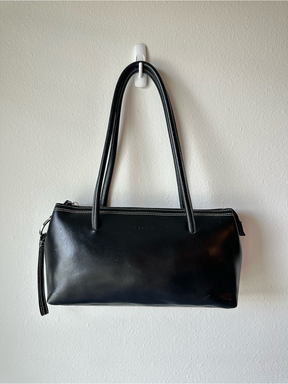 Nannini // Black Italian Leather Minimalism Baguette Shoulder Bag - Y2K